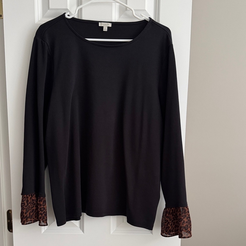 Talbots Black Blouse with Animal Print Cuffs